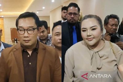 Mantan Gubernur Jawa Barat Ridwan Kamil (kiri) dan Lisa Mariana (kanan) saat keduanya hadir secara terpisah untuk pemeriksaan di Gedung Bareskrim Polri, Jakarta Selatan,