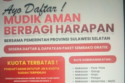 Pemprov Sulsel Buka Pendaftaran Program Mudik Gratis